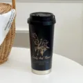 Black stainless steel insulated travel coffee mug with golden floral print and lid. - 500ml / Lily of the Valley: Black