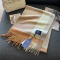 Winter wool blend plaid scarf for men and women, classic tassel design, cozy and thick warm neck wrap. - Caramel to Grey Gradient Plaid