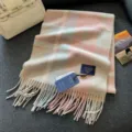 Classic plaid wool scarf with fringe, soft winter warm neck wrap in pink and blue colors. - Ice Pink and Light Grey Plaid