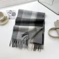 Autumn winter thick warm plaid cashmere feel scarf for women long shawl tassel design grey - Black White Grey Plaid / 180cm