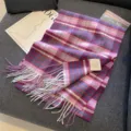 Stylish autumn winter plaid wool scarf with fringe cozy warm long cashmere feel shawl - Purple, Pink, and Blue Plaid / 180cm