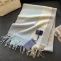 Classic wool blend plaid scarf for winter, thick warm tassel design, casual couple neck warmer. - Light Blue to Grey Gradient Plaid