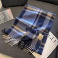 Classic blue plaid wool scarf for women winter warm fringed tassel long cozy winter scarf - Light Camel and Blue Plaid / 180cm