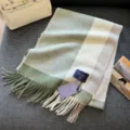 Classic winter plaid wool blend scarf for men and women with fringe and stylish design. - Light Green to Coffee Gradient Plaid