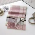 Cozy pink plaid scarf with fringe, soft winter warm long scarf for women and girls daily wear. - Pink Purple Grid / 180cm