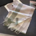 Soft cashmere feel wool plaid scarf long thick warm winter shawl for women and men. - Light Green White Grid / 180cm