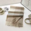 Classic plaid cashmere wool winter scarf for women, long warm thick cozy fringe shawl wrap. - Khaki Blue Grid / 180cm
