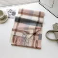 Women's autumn winter cozy soft plaid scarf long thick tassel warm neck wrap shawl - Pink, Blue, and White Plaid / 180cm