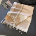 Cozy Australian wool plaid winter scarf with elegant tassels, warm and stylish daily wear. - Khaki Beige Check / 180cm