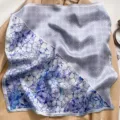 Blue floral and geometric print silk square scarf, elegant neckerchief for women. - Verbena