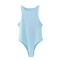 Light blue solid round neck sleeveless basic bodysuit for women, chic and versatile style. - Blue