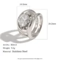 Vista dettagliata dell'anello in acciaio inossidabile argento con zircone ovale e misure - R5613 Argento