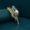 Elegant wheat ear brooch featuring sparkling yellow crystals and pearl for women. - Wheat Ear with Pearl Style 2 (C2015-2)
