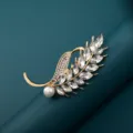 Elegant gold wheat ear brooch with sparkling zirconia and pearl, perfect for suit decoration. - Wheat Ear with Pearl Style 6 (C2015-6)
