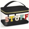 Large transparent PVC makeup bag with colorful embroidered letters, ideal for daily travel. - STUFF / Black