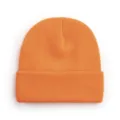 Close-up detail of the vibrant orange knit beanie showing fine texture and cuffed design. - One Size / Orange