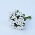 Close-up detail of white artificial berries and green leaves for DIY handmade crafts. - White