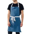 Blue cotton linen casual work apron with white straps and multiple front utility pockets. - Blue