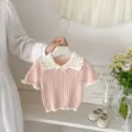 Toddler girls pink knit short sleeve top with white lapel and cute hollow out design. - 73cm / Tops / Pink