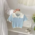 Girls knit short sleeve top with lace collar and sweet bow design for summer. - 73cm / Tops / Blue