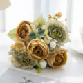 Vintage artificial flower bouquet, elegant silk peony and ranunculus in yellow and green. - Light Gray