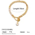 Bracciale a catena piatta a doppio strato con pendente in perla e zirconi, ottone, 18cm - Stile Perle a Doppio Strato (2101ZJ10548SL)