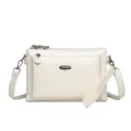 White PU leather multi-layer crossbody shoulder bag with zipper and wrist strap for women. - Off-White