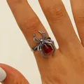 Gothic punk style spider ring featuring a teardrop red gemstone abdomen for Halloween jewelry - Gun Black With Red Stone (2051)