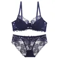 Set di lingerie in pizzo blu navy sexy con ricami floreali e spalline regolabili - Blu