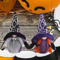 Pair of Halloween gnome plush dolls featuring spider web hats and vampire fangs decorations - Vampire and Witch Set / Purple And Black