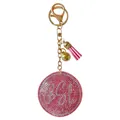 Élégant porte-clés rond avec strass roses, pompon en cuir et breloque clochette dorée - Disque Rond à Gland