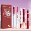 Esthetische rode dagboekpennen set met intrekbare gelpen, markeerstift en marker voor handlettering. - Beitelpunt 5-Pack / Zachte Hartslag