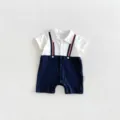 Baby boy summer short sleeve romper with fake suspenders and polo collar, cute infant outfit. - 73cm / Spliced Baby Rompers