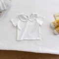 Infant baby solid color short sleeve t-shirt with sweet collar, soft and comfortable daily wear. - White