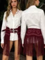 Y2K Western suede fringe waist belt with double buckles and studded hearts for women fashion - Burgundy