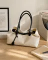 Bolso tote de lona vintage para mujer, bolso de mano grande con asas de cuero negro. - S / Negro