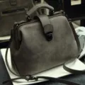 Vintage grey women doctor bag PU leather top handle handbag retro fashion crossbody bag. - Gray
