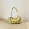 Yellow woven shoulder tote bag for women, large capacity casual commuting handbag for daily use. - Yellow