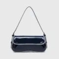 Dark blue patent leather shoulder bag, trendy underarm baguette bag with contrast piping. - Blue & White