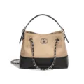 Tweekleurige lederen schoudertas met ketting in beige en zwart, elegante vintage tas. - Stijl D2821 (Khaki Zwart)