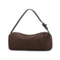 Brown suede cylindrical shoulder bag, trendy pillow bag with zipper and adjustable strap. - Coffee Suede