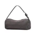 Dark grey suede cylindrical shoulder bag, trendy barrel handbag with adjustable strap. - Velvet Gray
