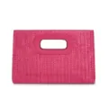 Close-up detail of the pink straw woven clutch bag with stylish leather-trimmed cutout handle. - Rose Red