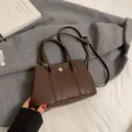 Minimalist brown leather handbag casual commuter crossbody bag with top handle and strap - L / Brown