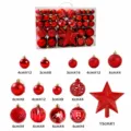 Set de boules de Noel incassables rouges avec pointe d'arbre et boite cadeau 34x12cm - 101 pièces / Ensemble Cimier Rouge à Paillettes