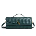 Dark green woven leather shoulder bag detail, elegant intrecciato style handbag for women. - Emerald