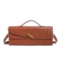 Brown leather woven baguette bag with top handle and metal knot accent, versatile crossbody. - Brown