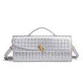 Silver woven leather shoulder bag with gold knot hardware, elegant baguette clutch for women. - Silver
