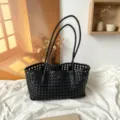 Bolso tote de cuero tejido negro para mujer, elegante bolso de hombro de gran capacidad para diario. - Negro