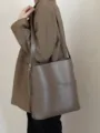 Minimalist large capacity leather bucket bag, chic taupe single shoulder crossbody. - Khaki